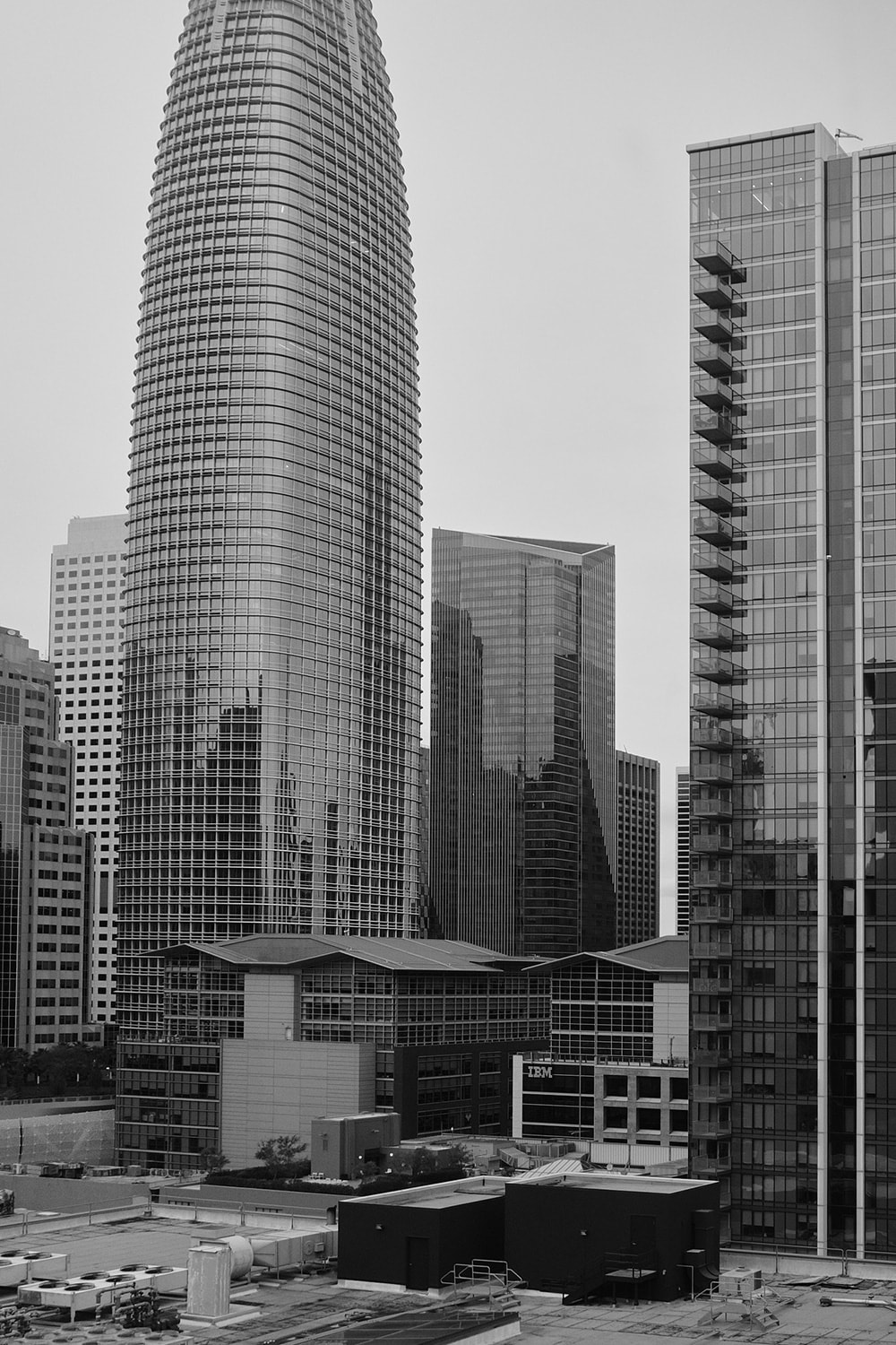 Black and white portrait photo of the Salesforce Tower in the South of Market district of downtown San Francisco.