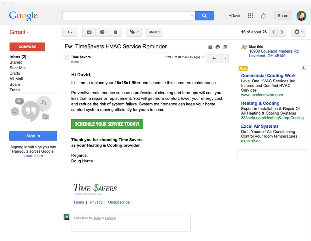 Screen capture of Gmail showing and email from the service reminder plugin.