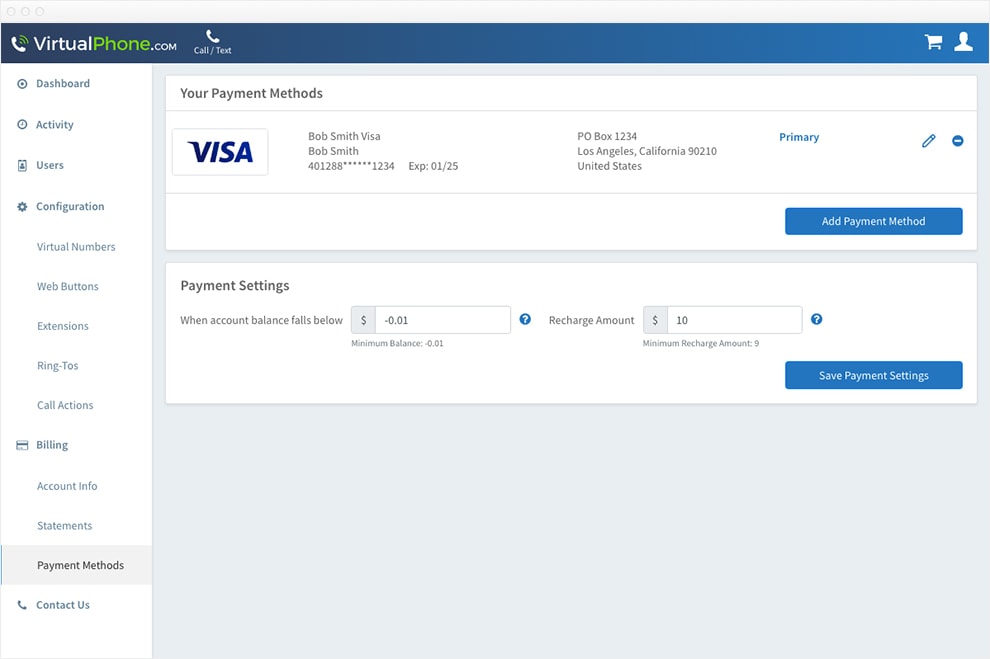 Screen capture of the payment methods and settings.