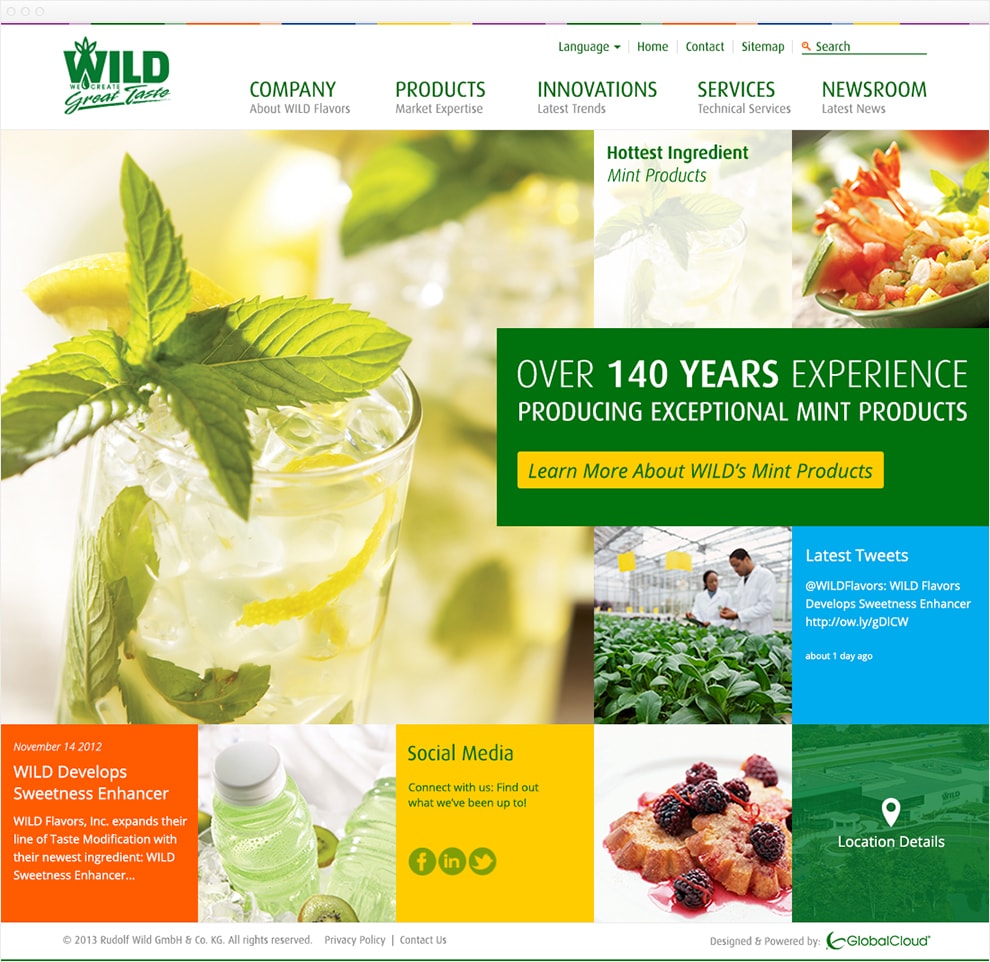 Screen capture of website with a header with a white background and green WILD flavors logo. The main nav is a horizontal list. The first item has a bold green headline that says Company with a sub-headline of About Wild Flavors. The second item has a bold green headline that says Products with a sub-headline of Market Expertise. The third item has a bold green headline that says Innovations with a sub-headline of Latest Trends. The fourth item has a bold green headline that says Services with a sub-headline of Technical Services. The fifth item has a bold green headline that says Newsroom with a sub-headline of Latest News. The main content of the homepage is a 5 column by 4 row grid of images and colors. The main image, a mojitos in a tall glass, takes up the first 3 rows and columns. A banner that breaks out the grid takes up 2 and half columns and 1 row. The break out banner has a green background with white text that says Over 140 Years Experience producing exceptional mint products. A yellow button with green text says Learn more about WILD's Mint Products. Other squares show links for locations, social media links, and latest tweets.